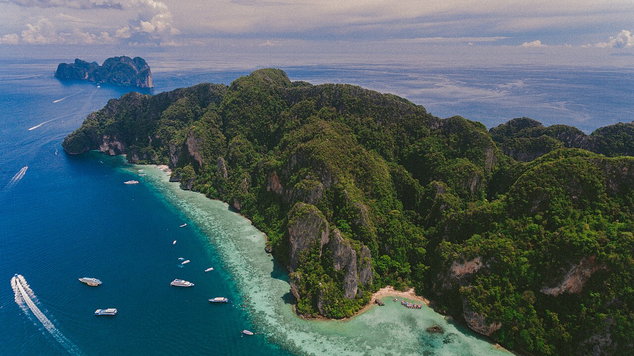 The Phi Phi islands from the air, a boat trip from Phuket