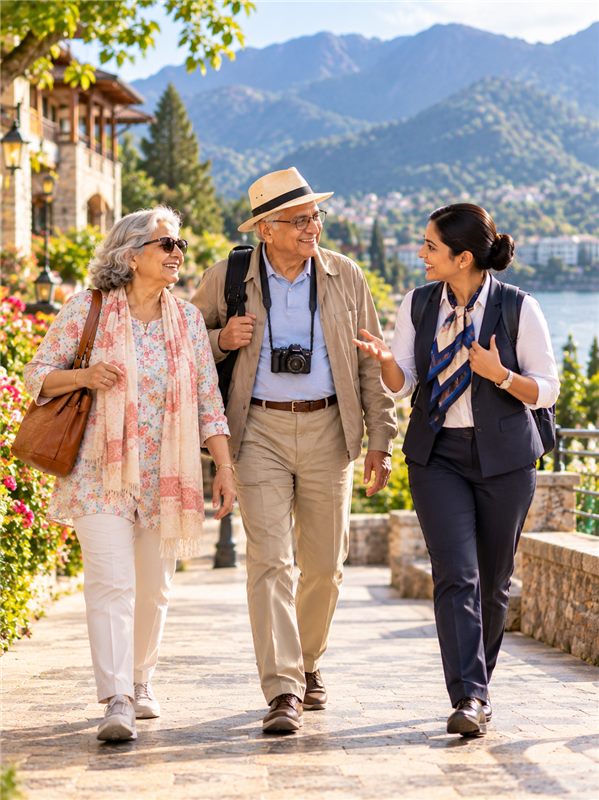 A senior couple walking through a hill town with their host
