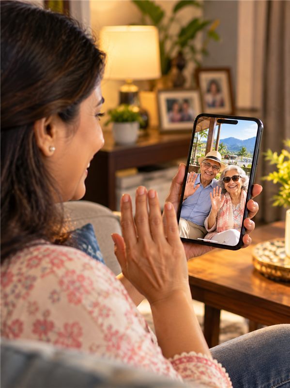 A daughter at home on a video call with her parents, who wave from their holiday