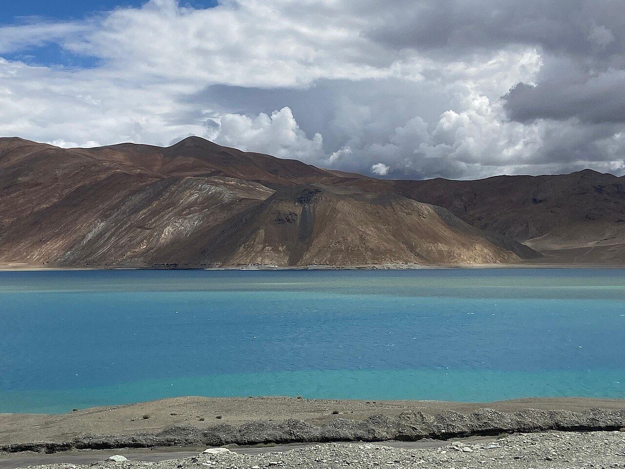 Pangong Lake below the bare mountains of Ladakh