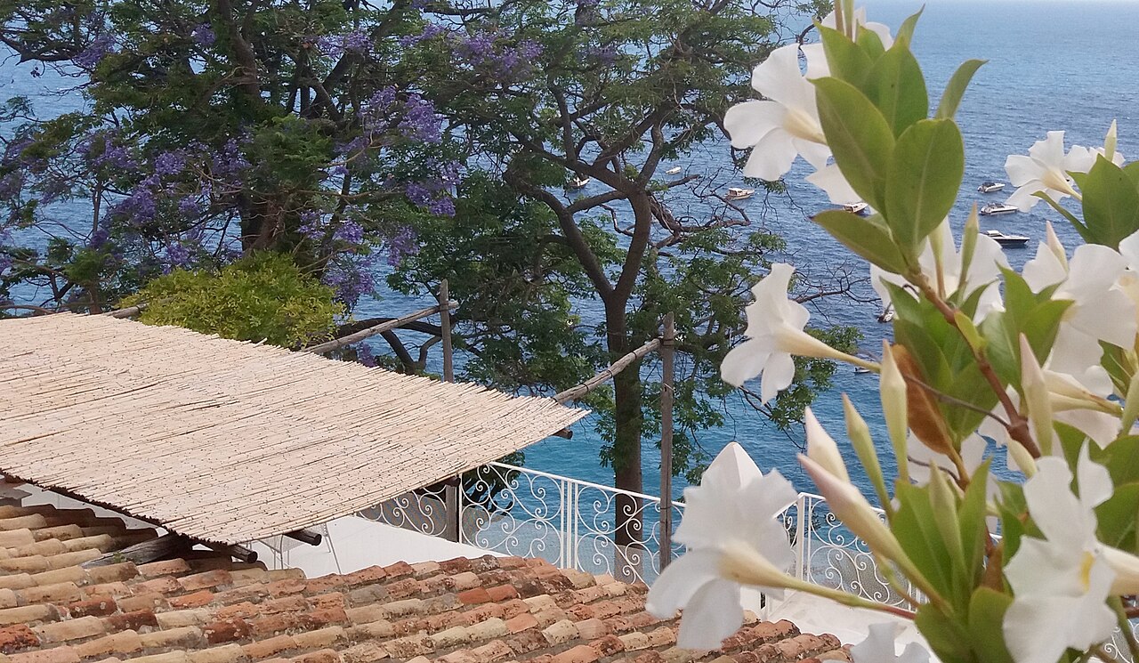 Flowers over a terrace above the sea at Positano, on the Amalfi Coast
