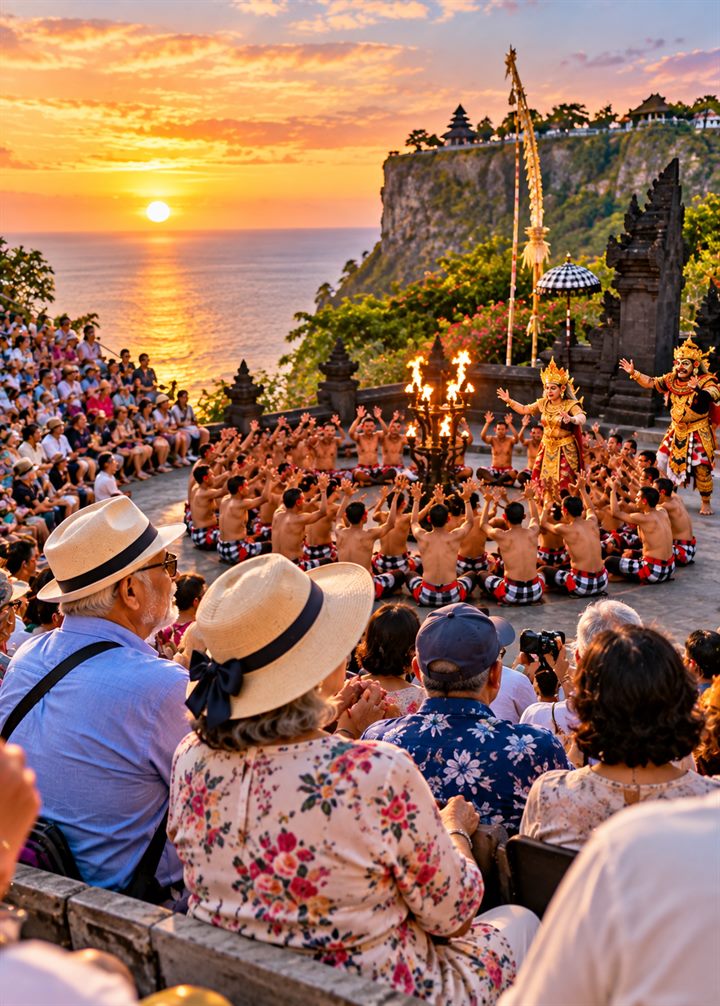 Sunset over the sea at Uluwatu, Bali, with the Kecak fire dance beginning on the cliff-top stage