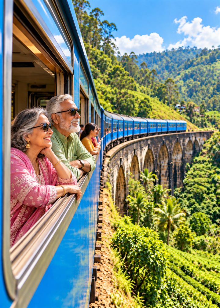 A smiling senior couple leaning out of the blue hill-country train as it curves over the Nine Arch Bridge in Sri Lanka