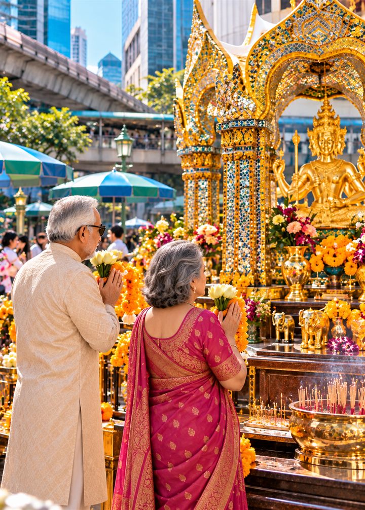 A senior couple in a kurta and a silk saree offering flowers at a gilded shrine in Bangkok