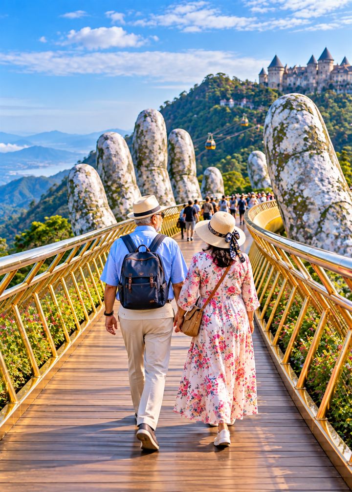 A senior couple in sun hats walking hand in hand along the Golden Bridge in Da Nang, held up by its giant stone hands