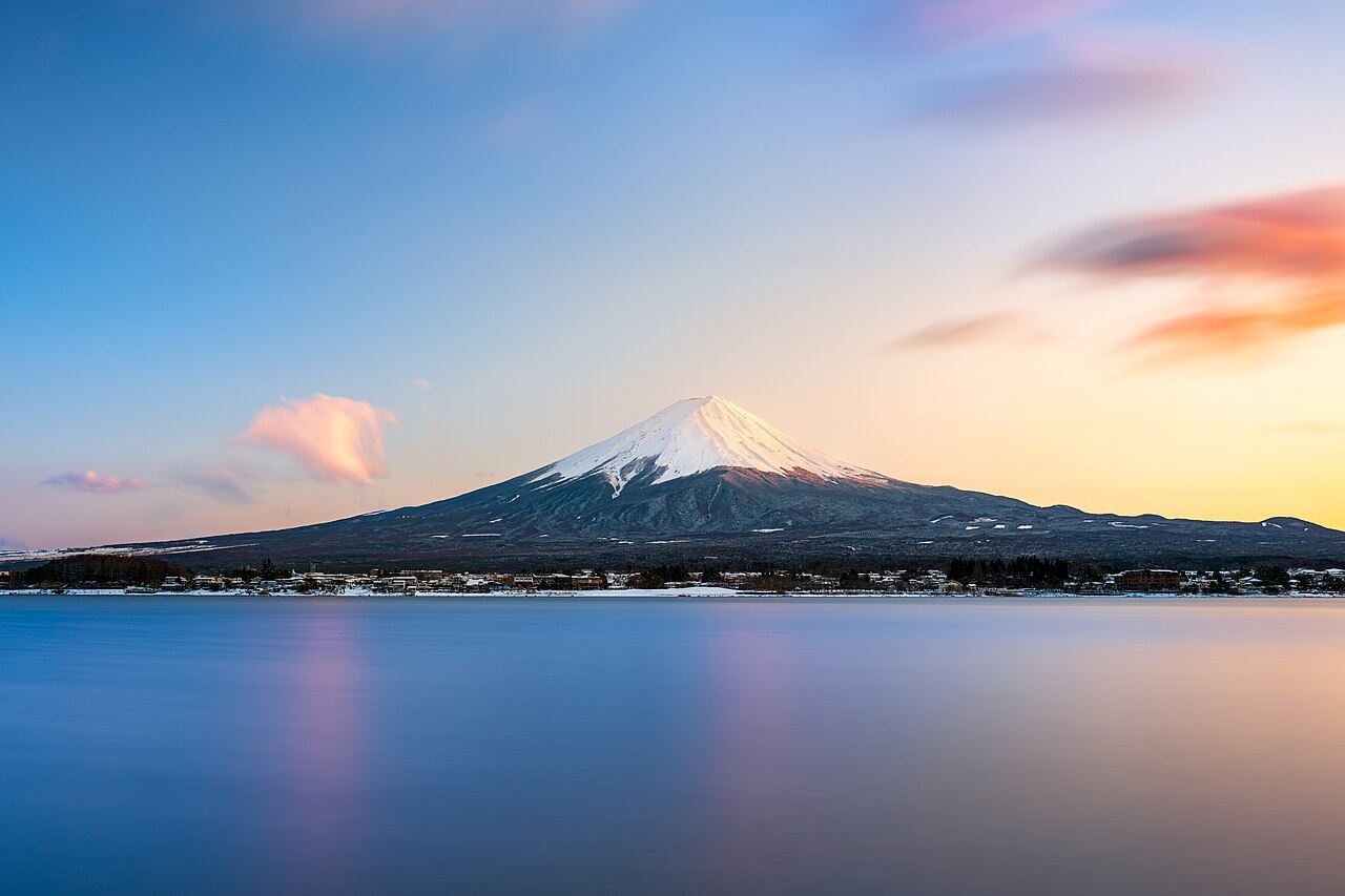 Mount Fuji at sunset over the lake
