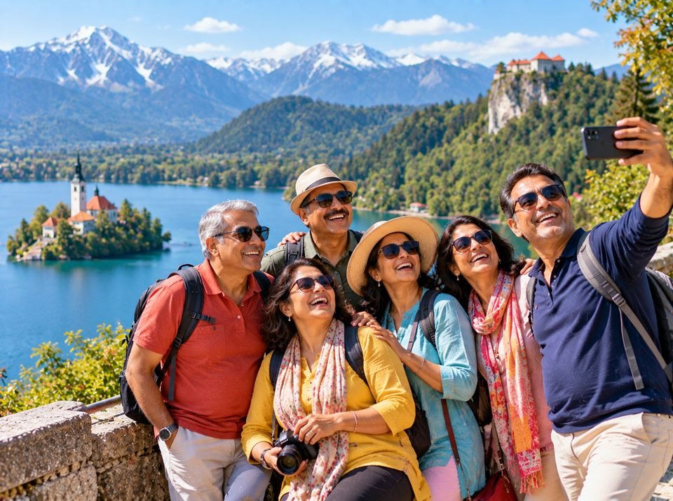 A group of friends on a terrace above Lake Bled