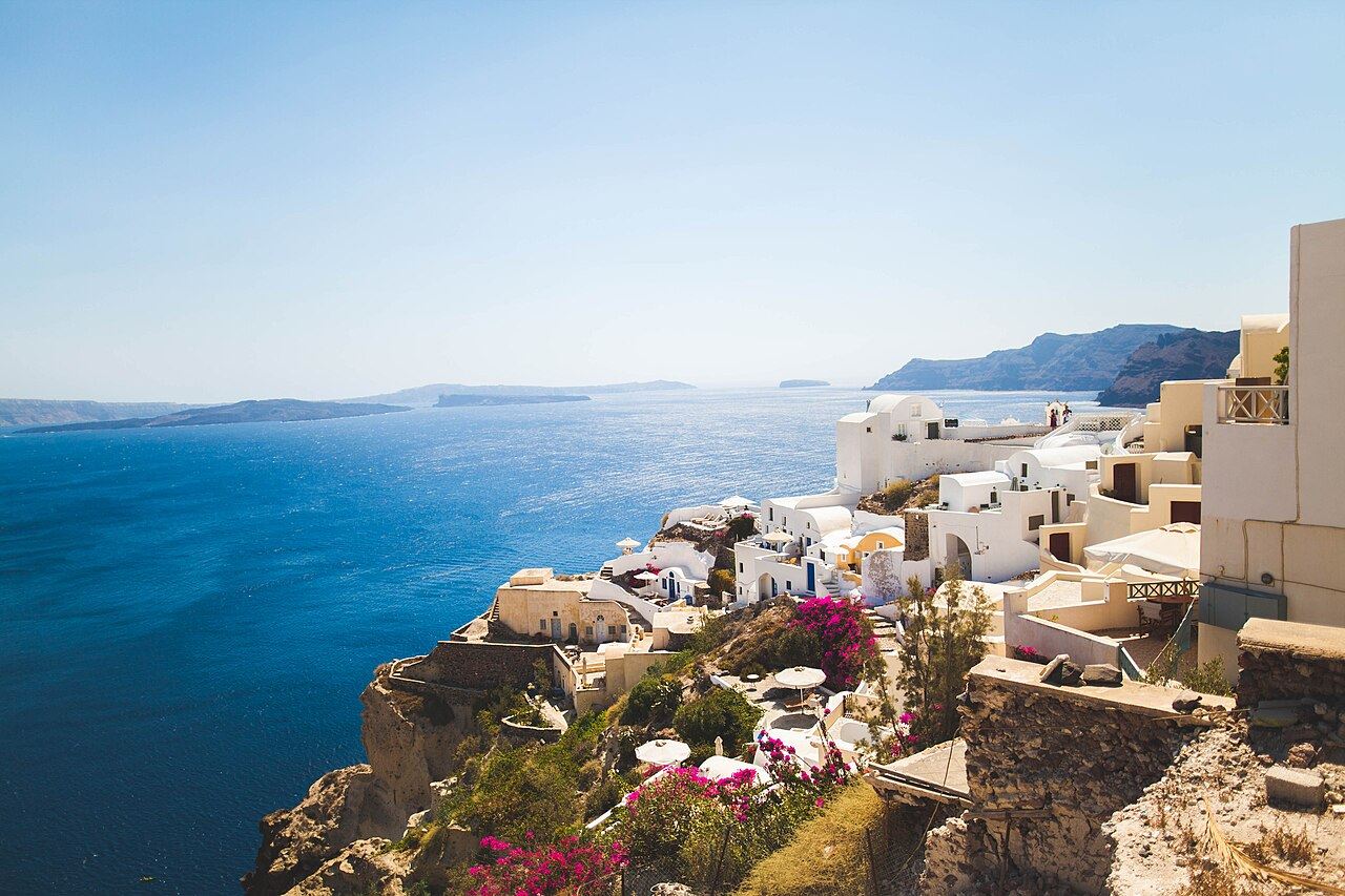 White houses above the blue sea in Santorini