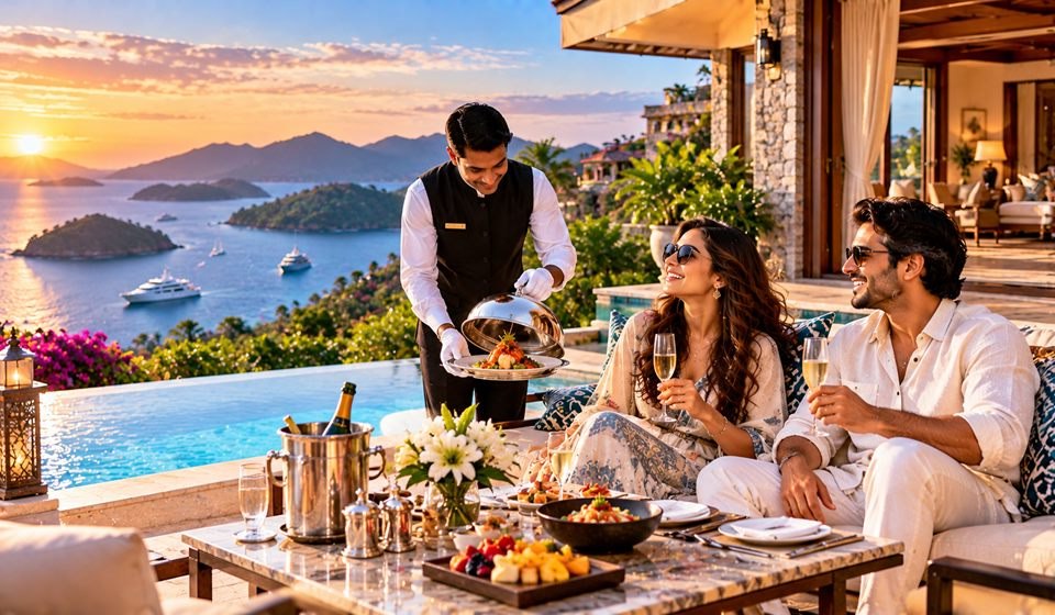 A couple served dinner on a terrace above the sea at sunset