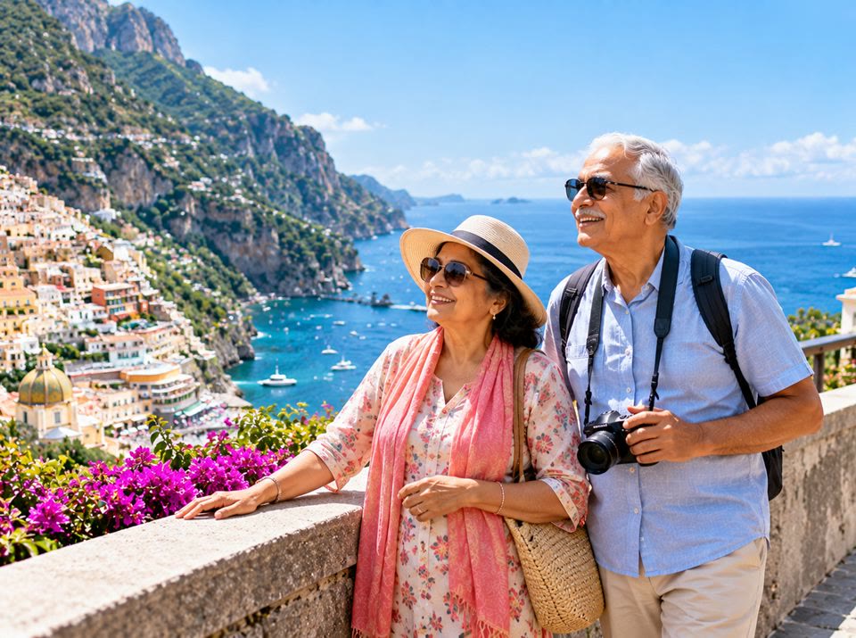 A senior couple on a flowered terrace above the Amalfi coast