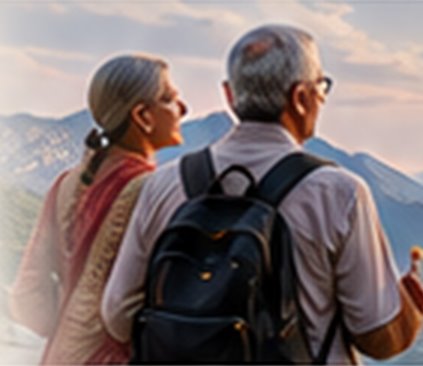 An elderly couple looking out over the mountains