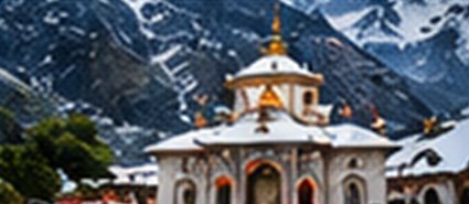 Badrinath temple under snow-covered mountains