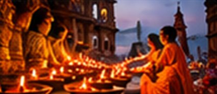 Pilgrims lighting diyas on the ghats at dusk