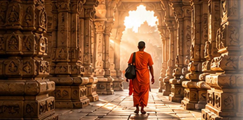 A monk in saffron robes walking through a sunlit temple corridor