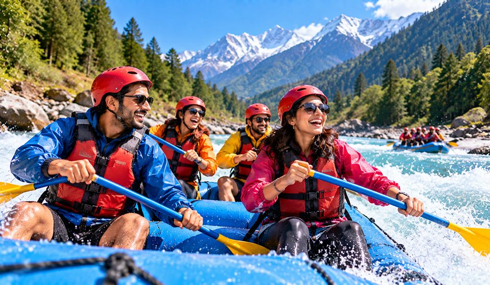 Friends white-water rafting below snow peaks