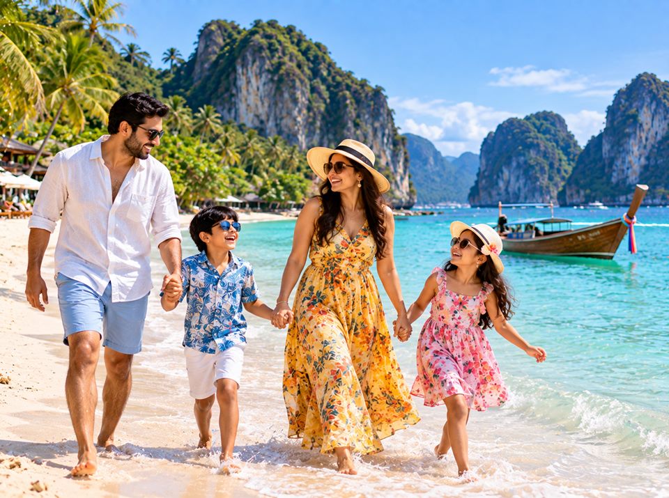 A family walking along a tropical beach, a longtail boat offshore