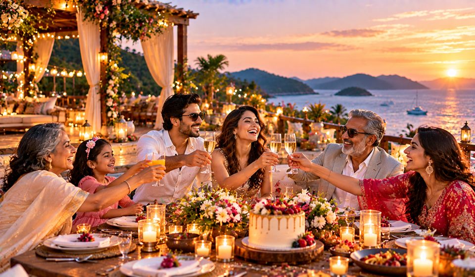 A family raising a toast at a sunset celebration dinner
