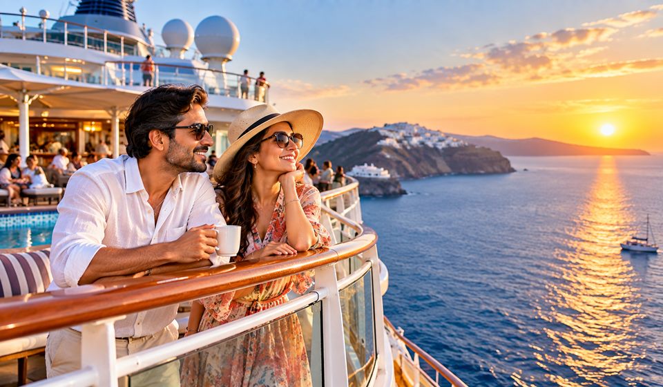 A couple on the deck of a cruise ship off Santorini at sunset