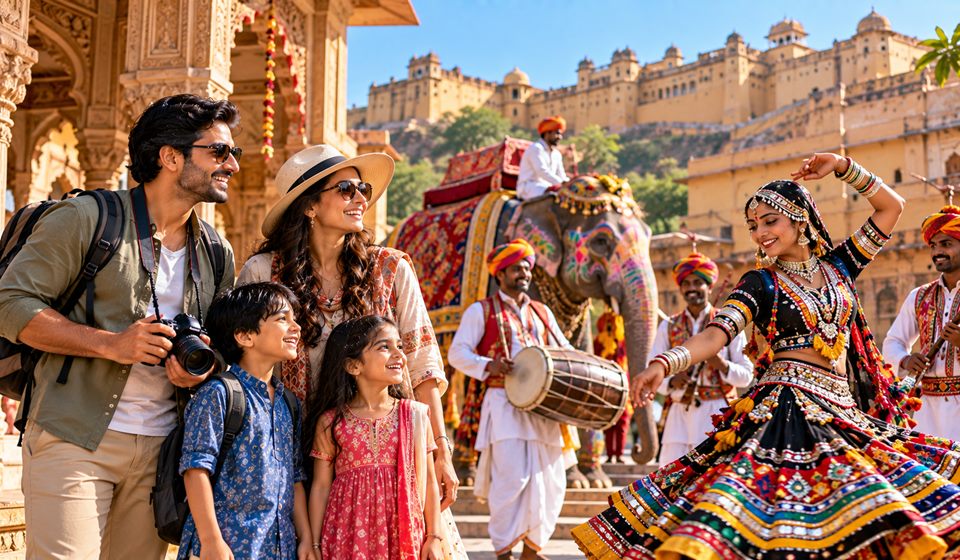 A family watching a folk dancer below the Amber Fort in Jaipur