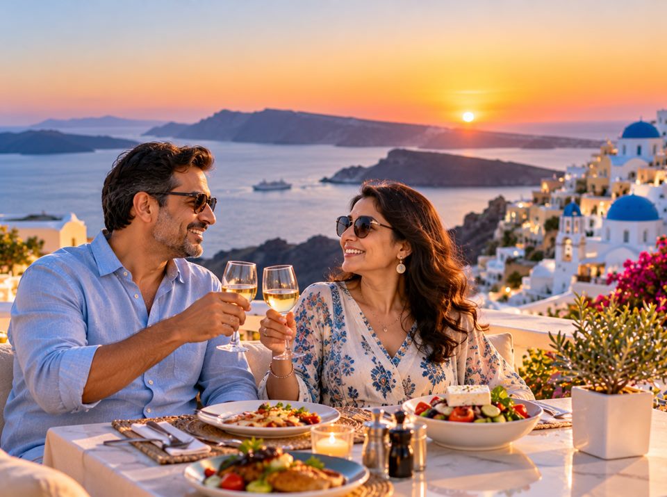 A couple dining on a terrace in Santorini at sunset
