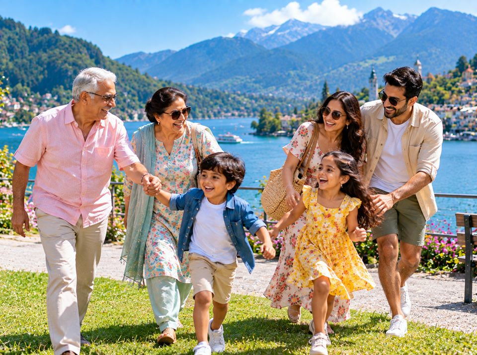 Three generations of a family walking beside an Alpine lake