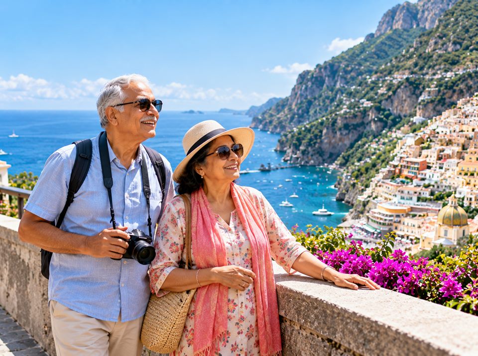 A senior couple looking out over the Amalfi coast