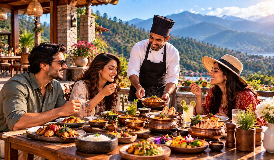 A chef serving a table of travellers on a mountain terrace