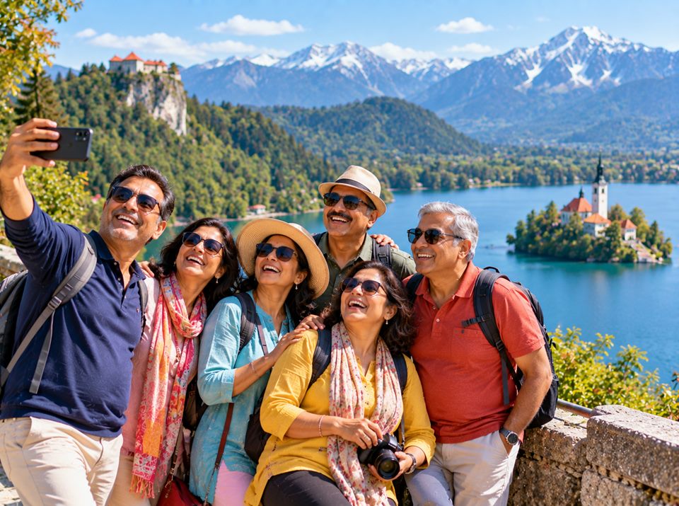 A group of friends taking a selfie above Lake Bled
