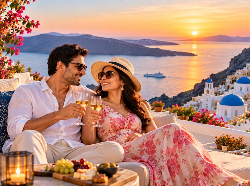 A couple raising a glass at sunset in Santorini