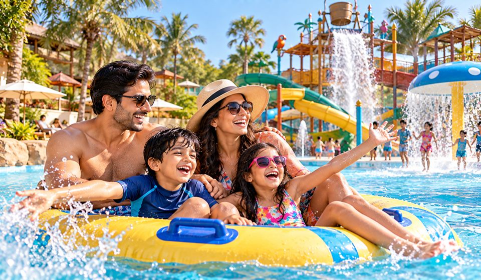 A family laughing on a float in a water park