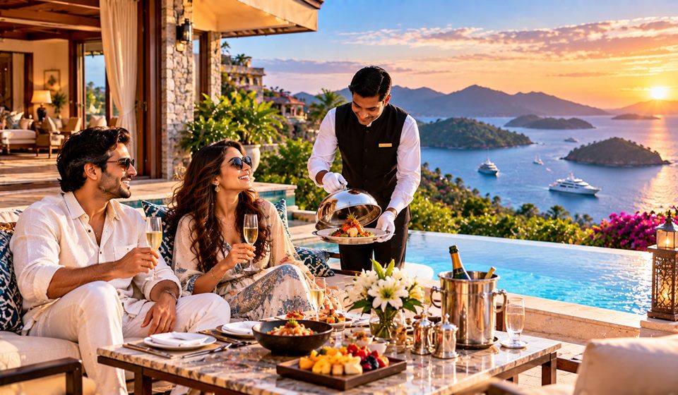 A butler serving a couple on a villa terrace above the sea