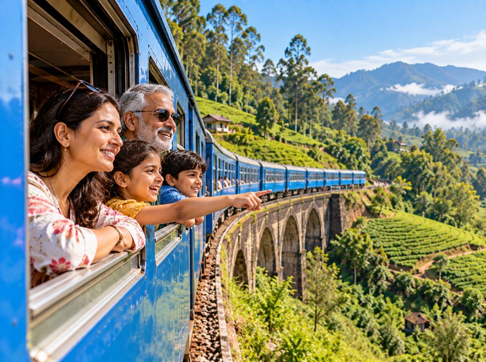 A family at the window of the hill-country train in Sri Lanka