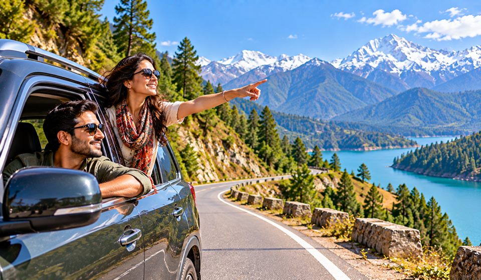 A couple on a mountain road trip, pointing out the view