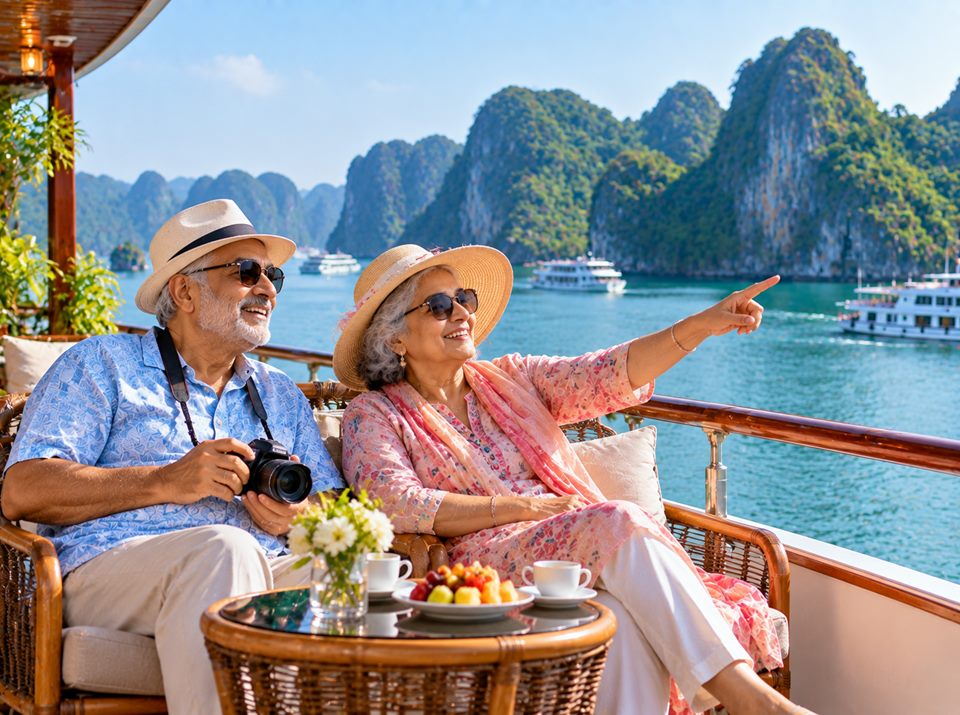 A senior couple on a cruise deck in Ha Long Bay