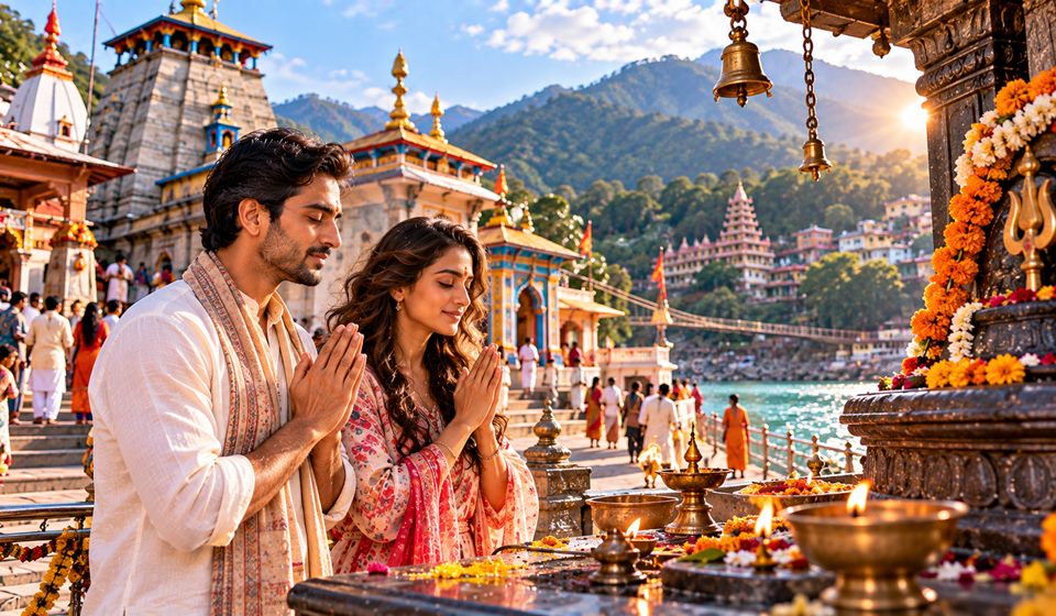 A couple praying at a riverside temple in the hills