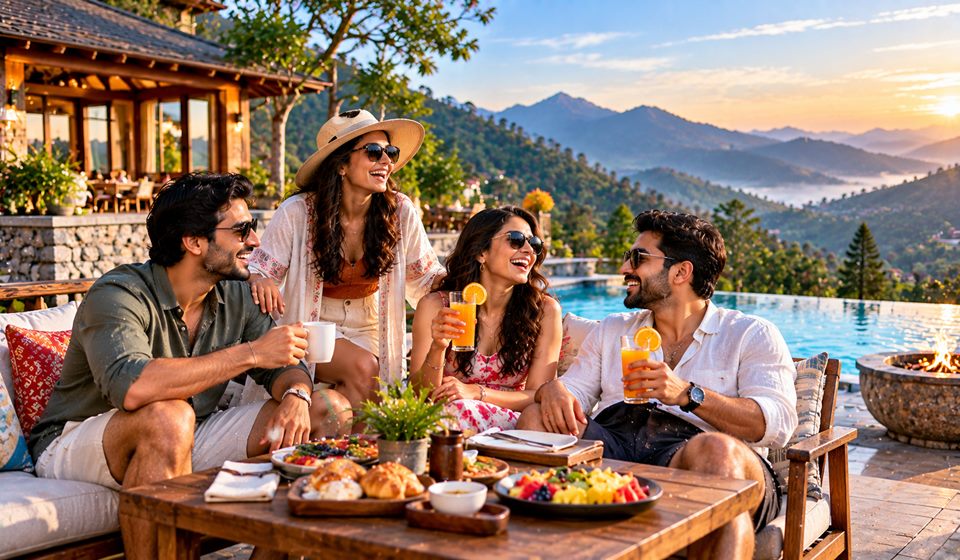 Friends relaxing on a hill-resort terrace at sunset
