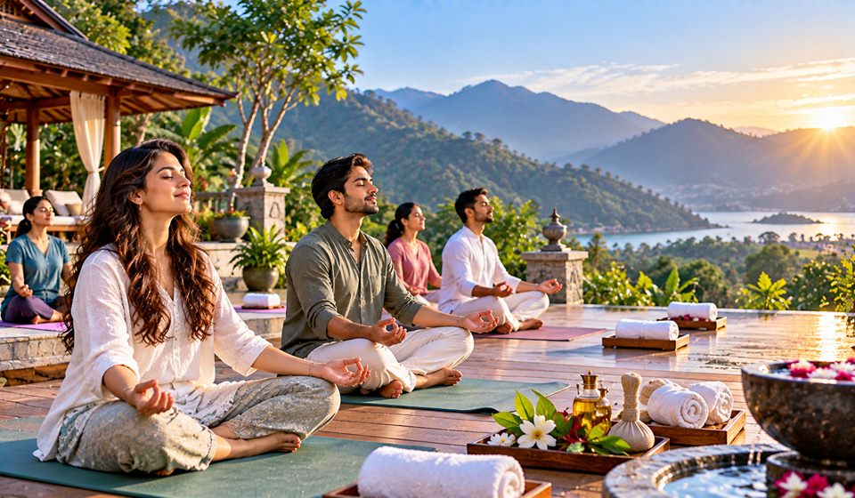 Guests meditating on a hillside yoga deck at sunrise