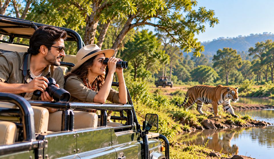 A couple watching a tiger from a safari jeep