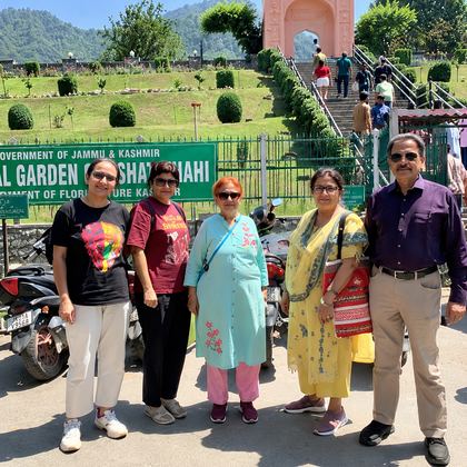 Our travellers at the gate of a Mughal garden in Kashmir