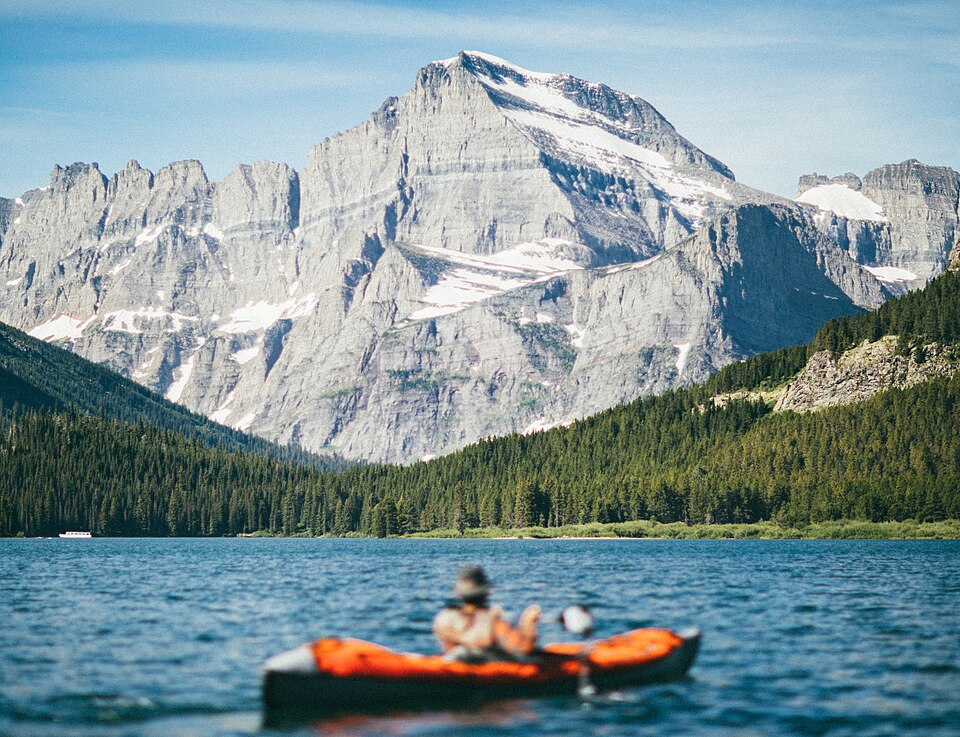 A kayak on a mountain lake