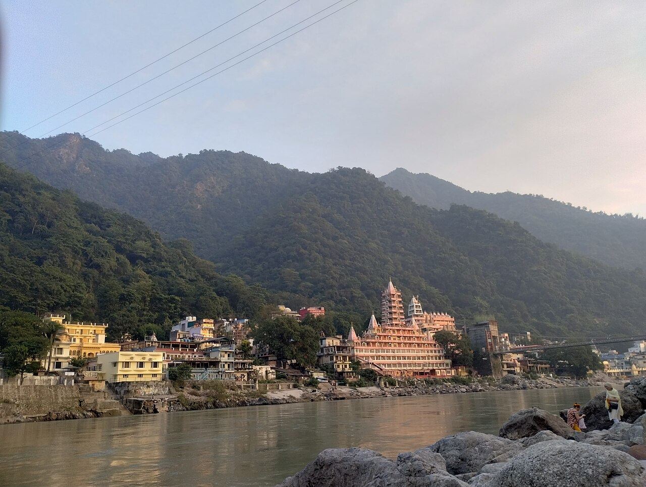 Rishikesh on the Ganga, its temples below the hills