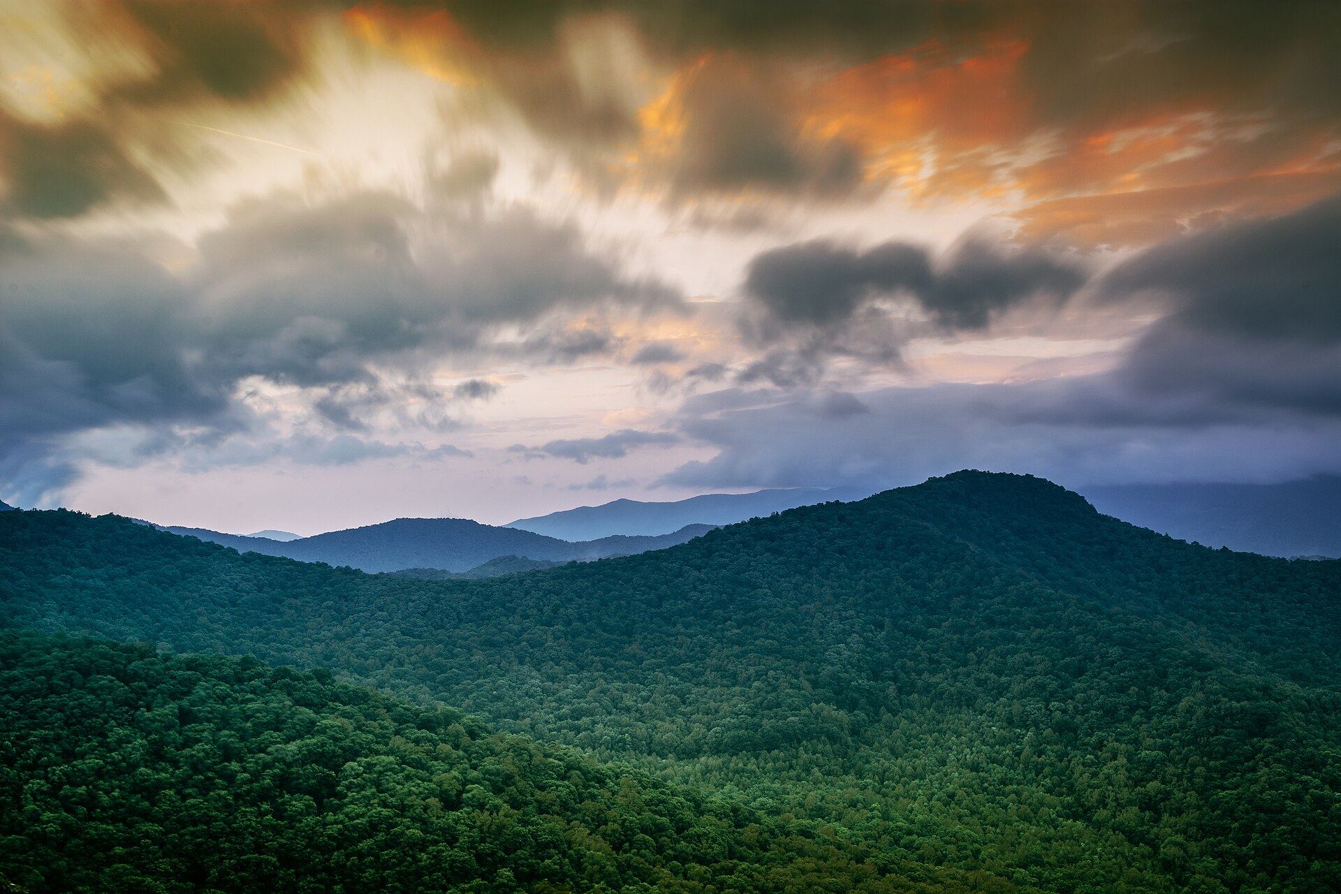 Forested hills under an evening sky